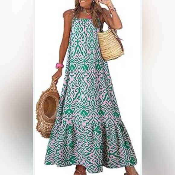 None Dresses & Skirts - NWOT Fun tiered green & pink dress, size large, unbranded, 100% polyester